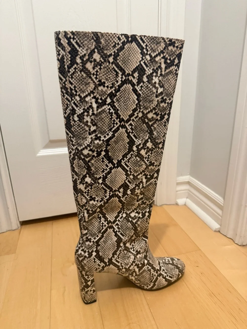 Zara Snake-Print Knee-High Boots in Black and Cream - Picture 3 of 4